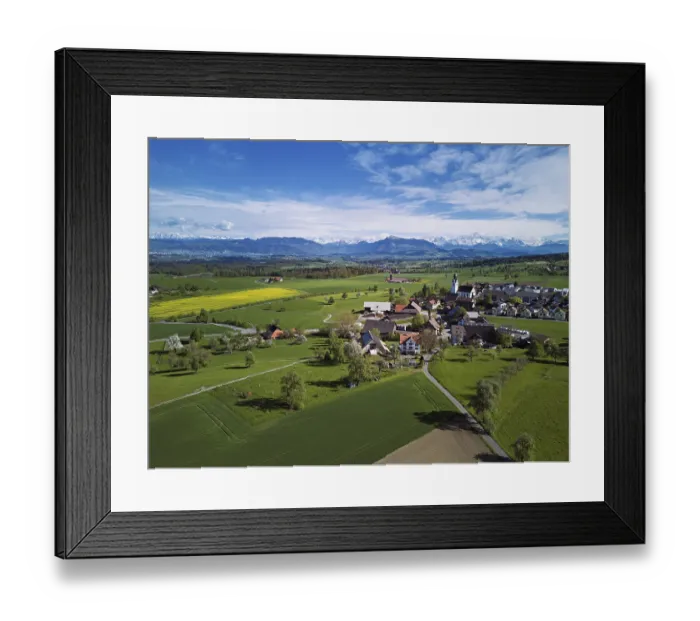 Framed Print : View of town with field of blooming rapeseed Framed Print : View of town with field of blooming rapeseed