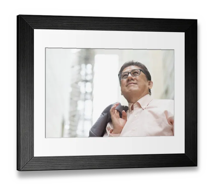 Framed Print : Portrait of 60s Asian Chinese CEO boss smiling and looking away Framed Print : Portrait of 60s Asian Chinese CEO boss smiling and looking away