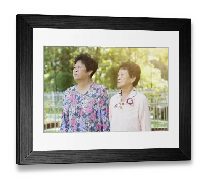 Framed Print : Candid shot of Asian elderly women walking at outdoor garden park in the morning Framed Print : Candid shot of Asian elderly women walking at outdoor garden park in the morning