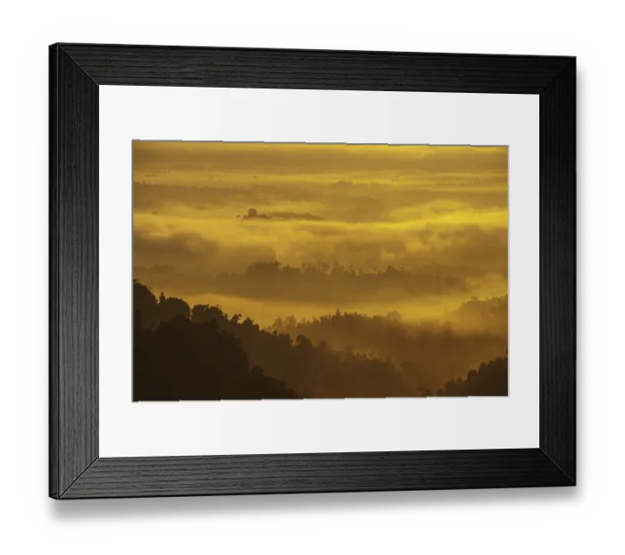 Framed Print : Mountain range view from peak in misty morning sunrise