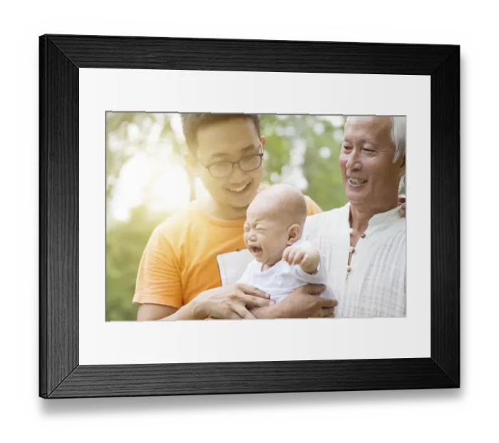 Framed Print : Happy grandfather, father and crying baby grandchild at outdoors park Framed Print : Happy grandfather, father and crying baby grandchild at outdoors park