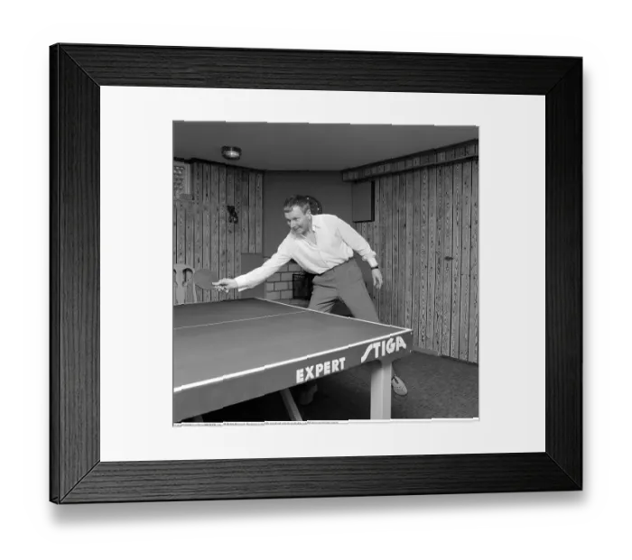 Framed Print : Table Tennis 1967. Singer Thore Skogman (1931-2007) pictured playing table tennis in the basement room of his house Framed Print : Table Tennis 1967. Singer Thore Skogman (1931-2007) pictured playing table tennis in the basement room of his house