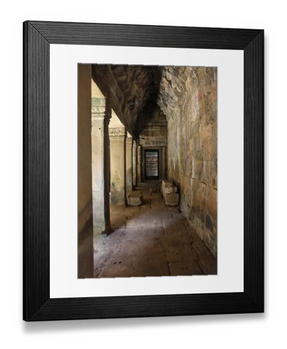 Framed Print : Long corridor of pillars in temple ruins