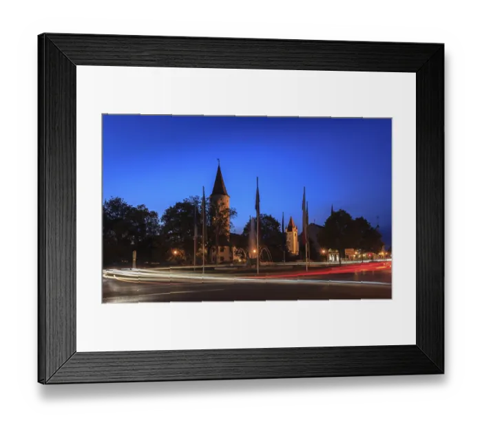 Framed Print : The so-called European Fountain with a roundabout in front of the old town of Mindelheim at blue hour Framed Print : The so-called European Fountain with a roundabout in front of the old town of Mindelheim at blue hour