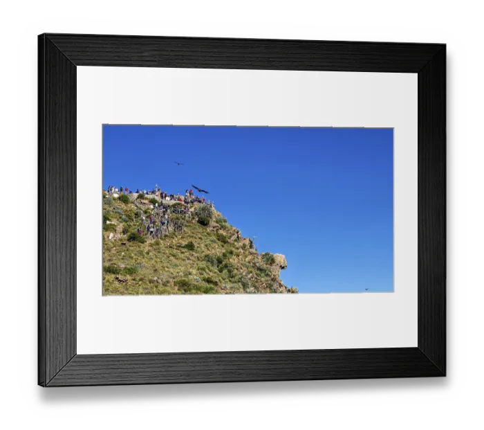 Framed Print : Visitors gather on a rocky viewpoint and watch birds in the clear sky