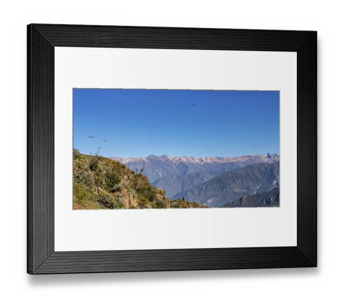 Framed Print : Majestic mountain landscape with condors crossing the blue sky