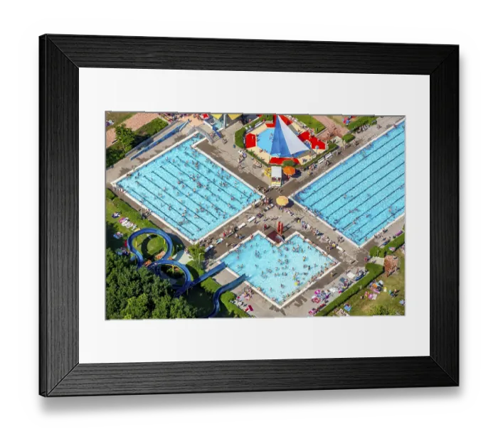 Framed Print : Outdoor pool mountains, bathers