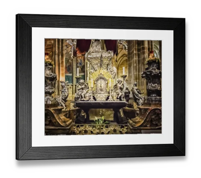 Framed Print : Golden altar with statues and catholic objects and symbols inside Saint Vitus Cathedral in Prague