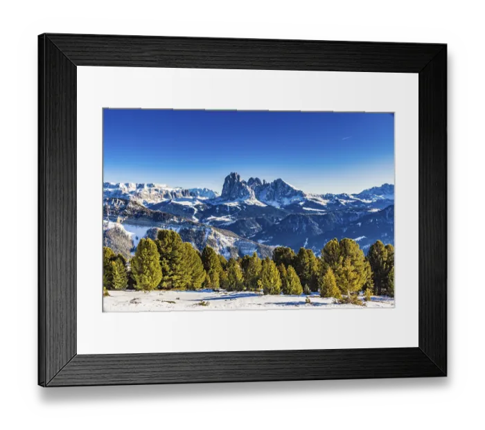 Framed Print : Panorama of the Dolomites with snow-capped peaks and conifers