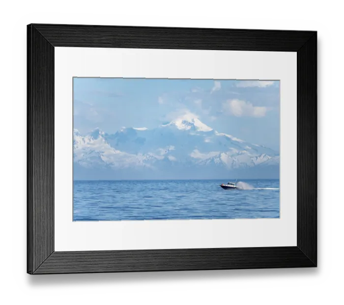 Framed Print : View over Cook Inlet to white mountain peaks of Mount Iliamna Framed Print : View over Cook Inlet to white mountain peaks of Mount Iliamna