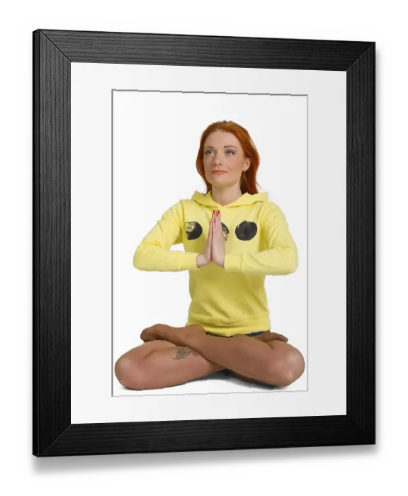 Framed Print : Young woman practicing yoga in the lotus position Isolated against white background