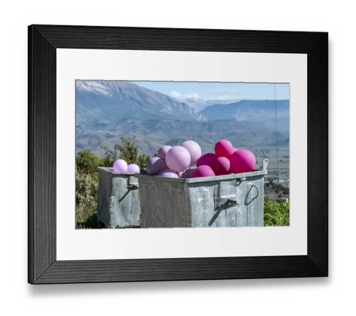 Framed Print : Pink balloons in a metal container in front of a mountain landscape of Gjirokaster Framed Print : Pink balloons in a metal container in front of a mountain landscape of Gjirokaster