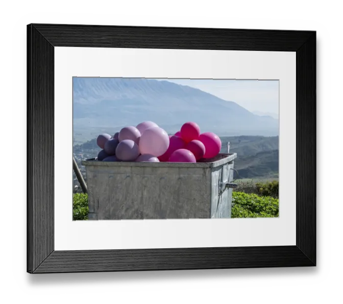 Framed Print : Pink and purple balloons in a container with a wide view of the mountains