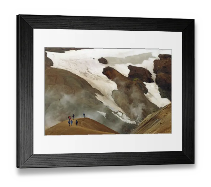 Framed Print : People on a hiking trail in front of snowfields
