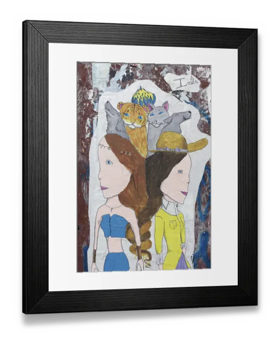 Framed Print : Paste-up, two friends with pets Framed Print : Paste-up, two friends with pets