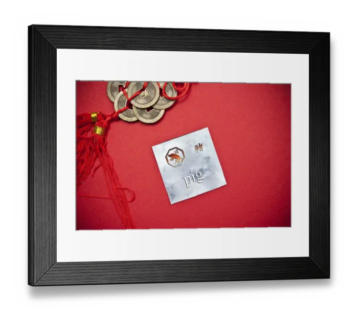 Framed Print : Pig zodiac card with Chinese character on a red background with coins