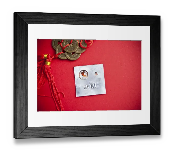 Framed Print : Goat zodiac card with Chinese character on a red background with coins