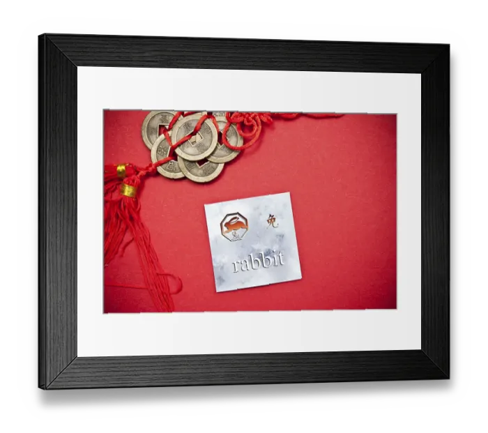 Framed Print : Rabbit zodiac card with Chinese character on a red background with coins