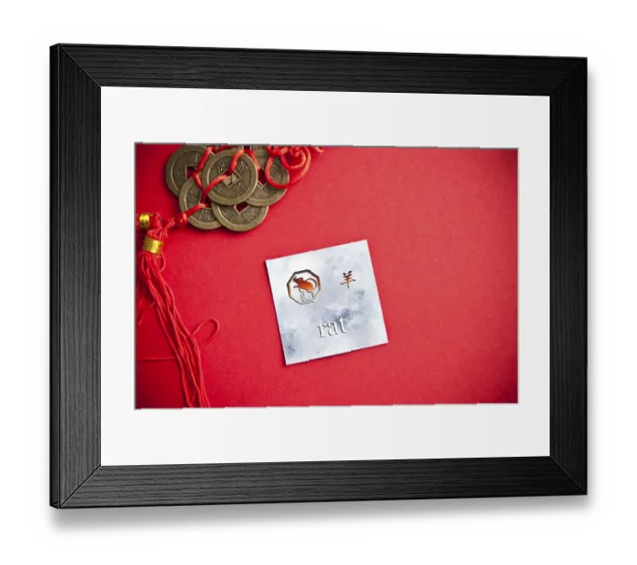 Framed Print : Chinese themed image with zodiac sign of the rat on red backdrop surrounded by coins