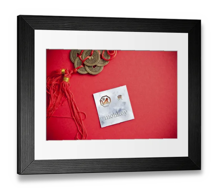 Framed Print : Monkey zodiac card with Chinese character on a red background with coins