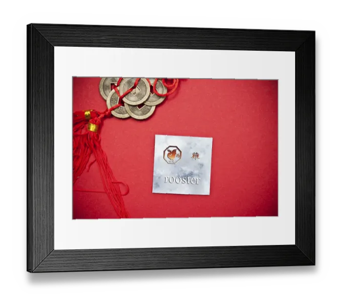 Framed Print : Rooster zodiac card with Chinese character on a red background with coins