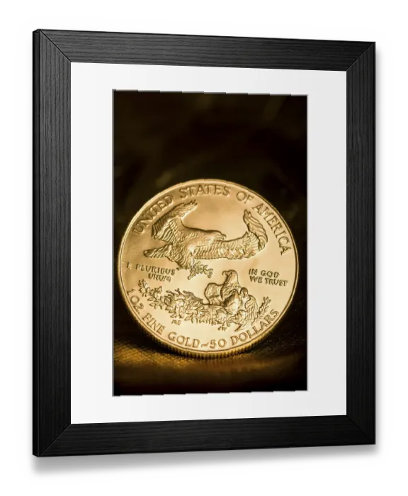 Framed Print : A close-up view of an American gold coin with an eagle and inscriptions