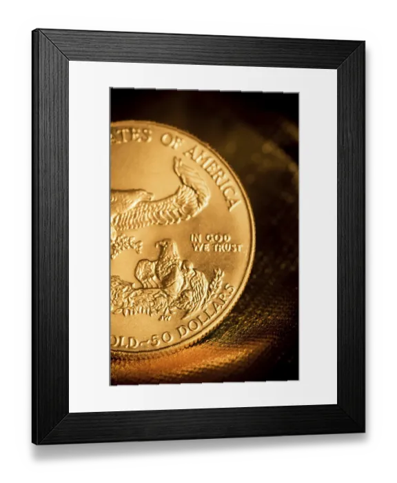 Framed Print : Partial view of an American gold coin highlighting the eagle and engravings