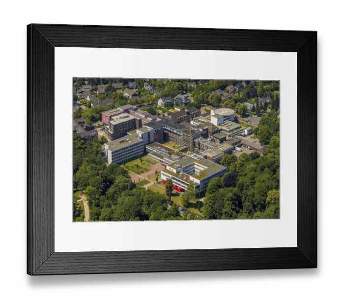 Framed Print : Aerial view of Bergmannsheil Buer / BKB GmbH general hospital on Berger See in Gelsenkirchen in the Ruhr region in North Framed Print : Aerial view of Bergmannsheil Buer / BKB GmbH general hospital on Berger See in Gelsenkirchen in the Ruhr region in North