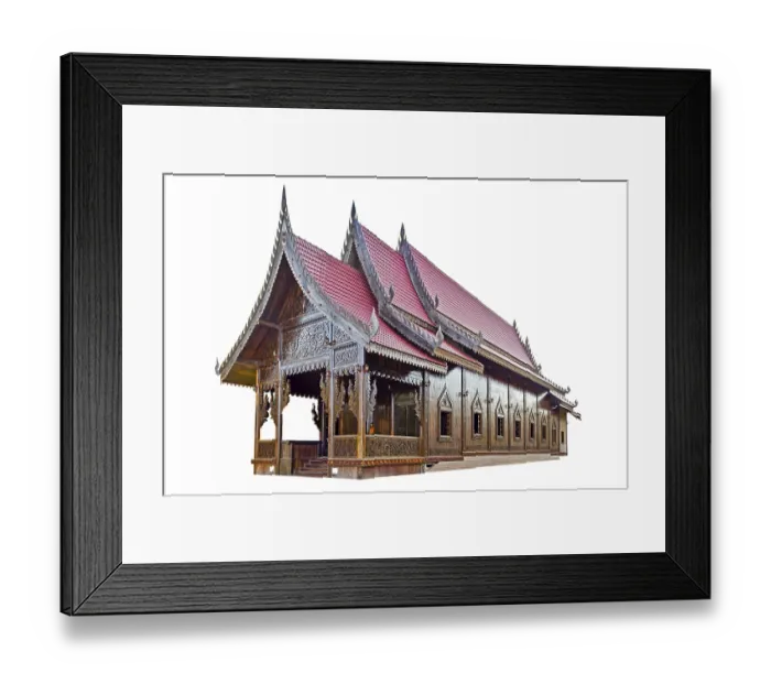 Framed Print : Chapel of Thai temple handmade from palm wood isolated white