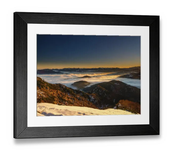 Framed Print : Alpine panorama at sunrise in winter