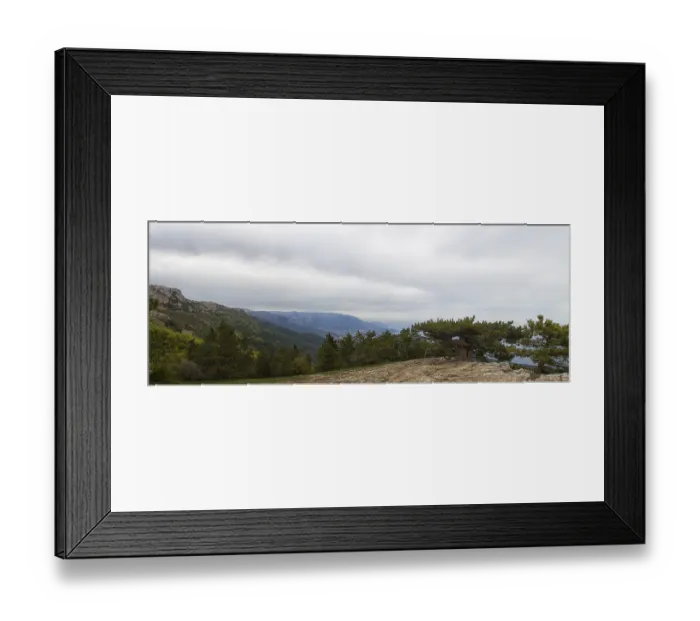 Framed Print : Rocky Mountain Peak with forest on hillside Ai-petri Crimea Landscape Summer day with blue sky on background