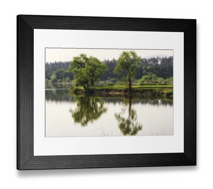 Framed Print : Lake view with the reflections of the mountains and trees in Gangneung Framed Print : Lake view with the reflections of the mountains and trees in Gangneung