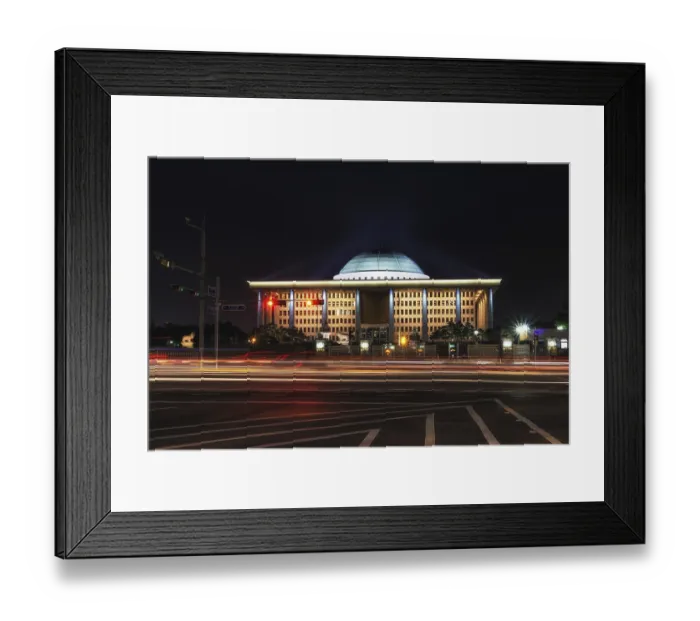 Framed Print : Korean natinoal assembly hall taken at night with the oncoming traffic and cars