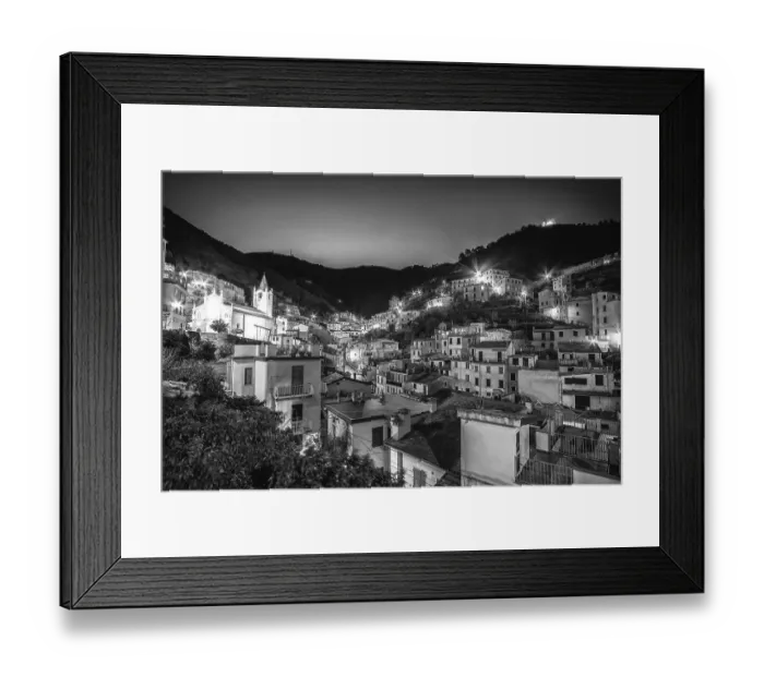 Framed Print : Riomaggiore viewed at night from near the church view point in black and white Framed Print : Riomaggiore viewed at night from near the church view point in black and white