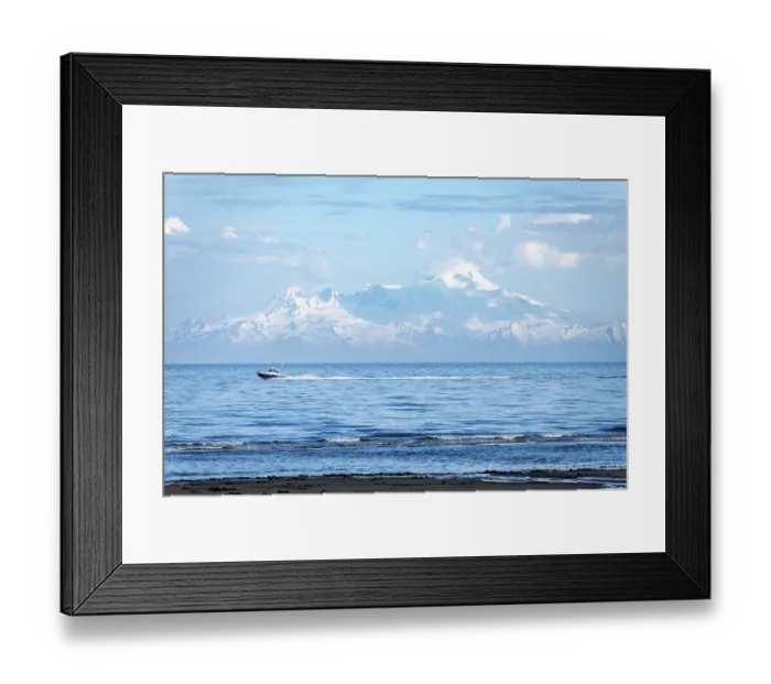 Framed Print : View over Cook Inlet to white mountain peaks of Mount Iliamna