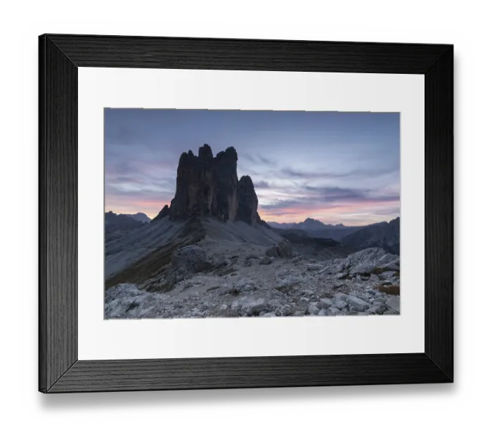 Framed Print : Rocky mountain (Three Peaks) at dusk with picturesque sunset and peaceful atmosphere in high alpine terrain