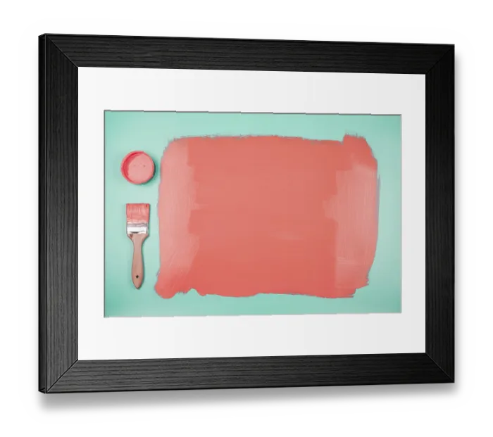 Framed Print : Coral paint can paintbrush with painted teal background
