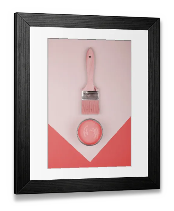 Framed Print : Elevated view paintbrush coral paint geometric paper background Framed Print : Elevated view paintbrush coral paint geometric paper background