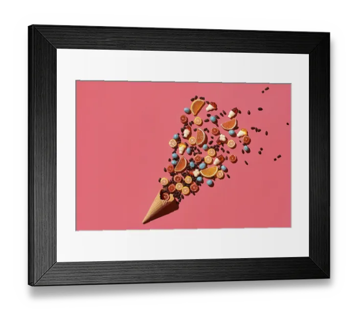 Framed Print : A variety of delicious sweets explode from the waffle cone on coral background