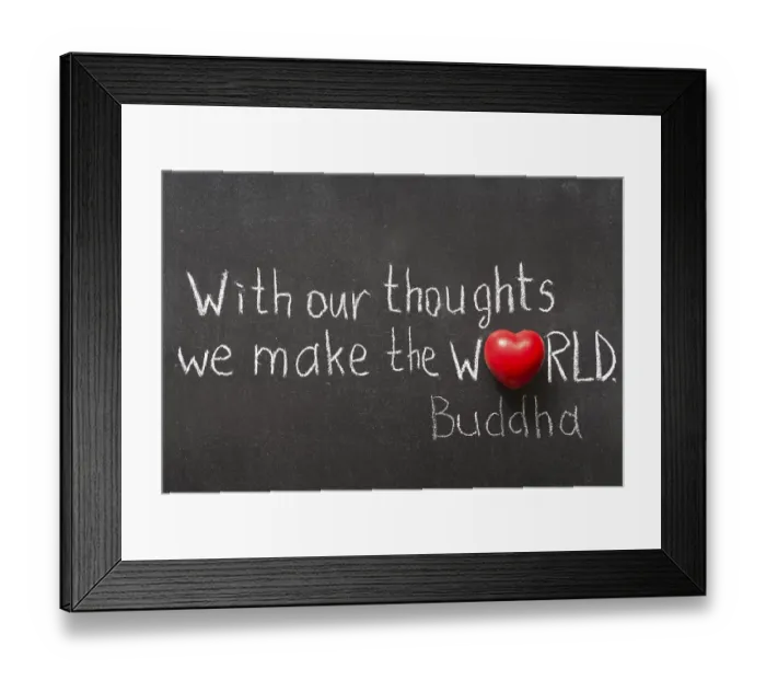 Framed Print : Famous Buddha quote interpretation handwritten on blackboard