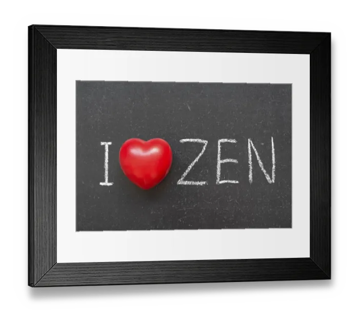 Framed Print : I love Zen phrase handwritten on chalkboard with heart symbol instead of O
