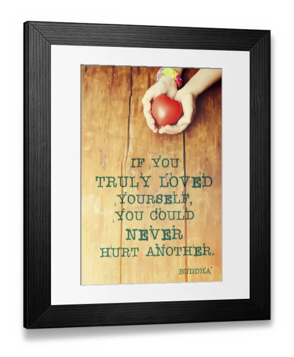 Framed Print : Famous Buddha quote about hurt another printed over image with red heart in hands