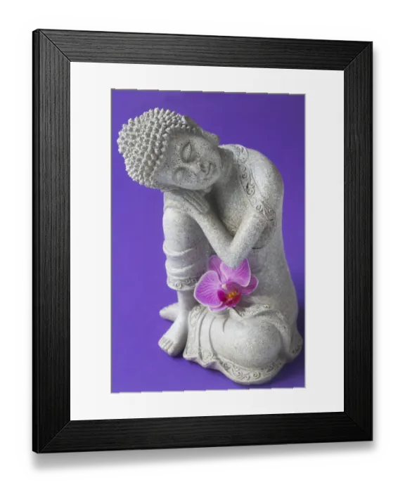 Framed Print : Buddha Figure With An Orchid On A Purple Background Framed Print : Buddha Figure With An Orchid On A Purple Background