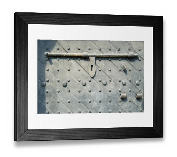 Framed Print : Ancient door fragment of Fort Canning Gate in Singapore with rough heavy bar lock