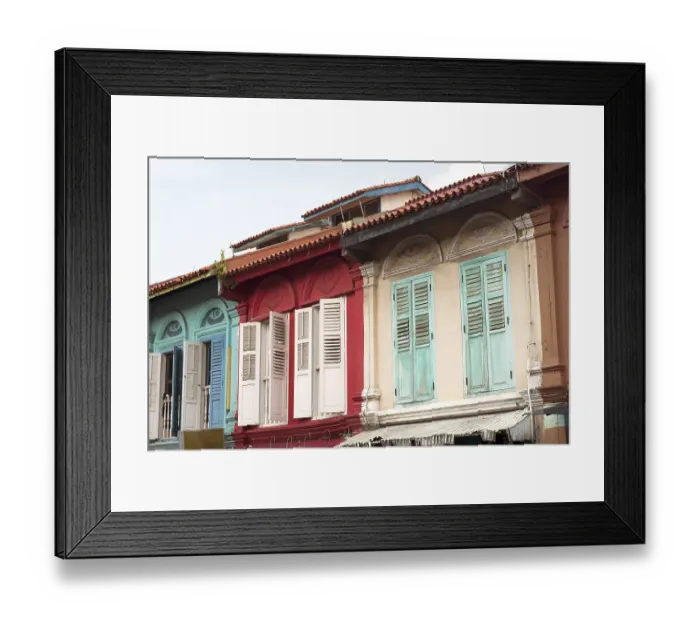 Framed Print : Traditional colorful facades of houses in famous Little India district in Singapore
