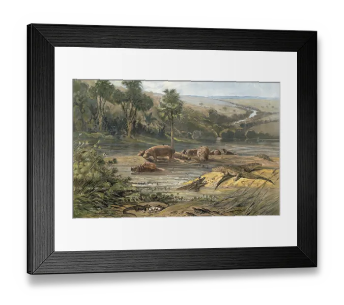 Framed Print : River landscape with animals in central Africa
