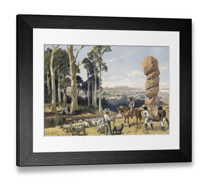 Framed Print : Shepherd with flock of sheep and natives with hunting prey Framed Print : Shepherd with flock of sheep and natives with hunting prey