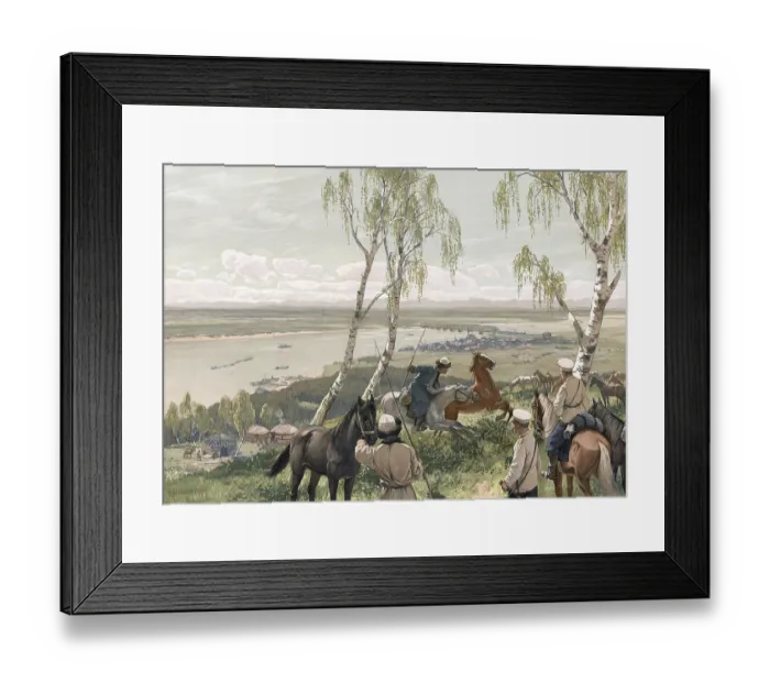 Framed Print : Soldiers watch a Siberian railroad train crossing a bridge