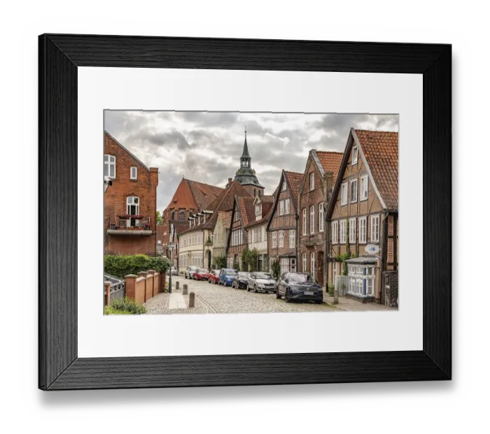 Framed Print : Half-timbered houses in the historic street Auf dem Meere and the St Framed Print : Half-timbered houses in the historic street Auf dem Meere and the St