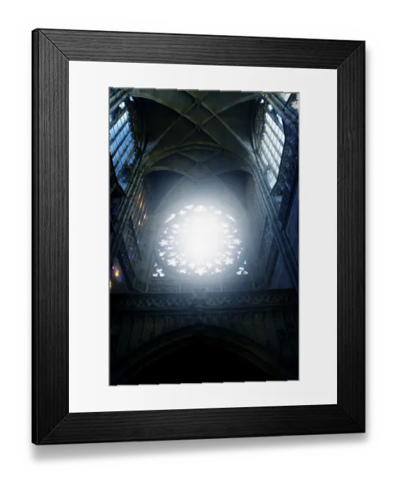 Framed Print : Bright light streaming through a rose window in a gothic cathedral Framed Print : Bright light streaming through a rose window in a gothic cathedral